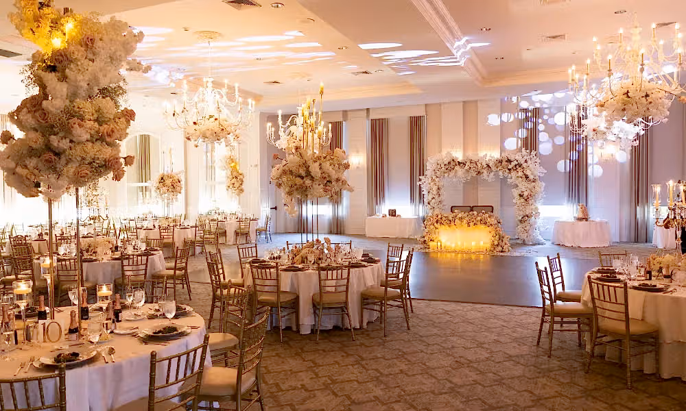 Emerald Ballroom set up for wedding reception at Grand Cascades Lodge. 