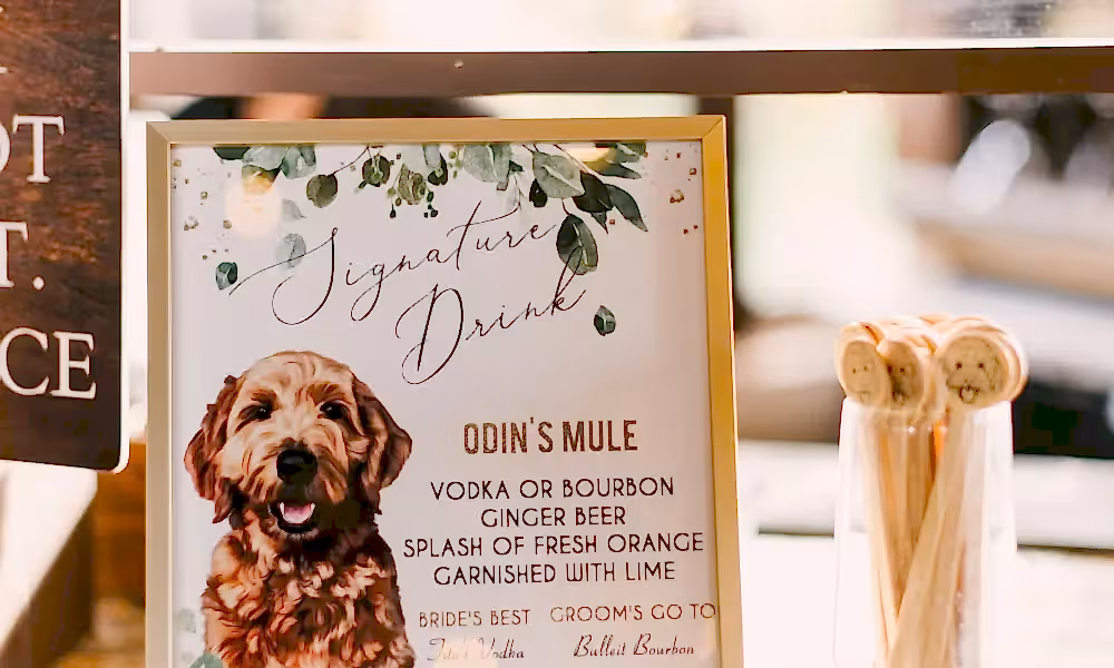 Bar sign featuring a dog at a Ballyowen Bailigh Bluff House wedding reception.