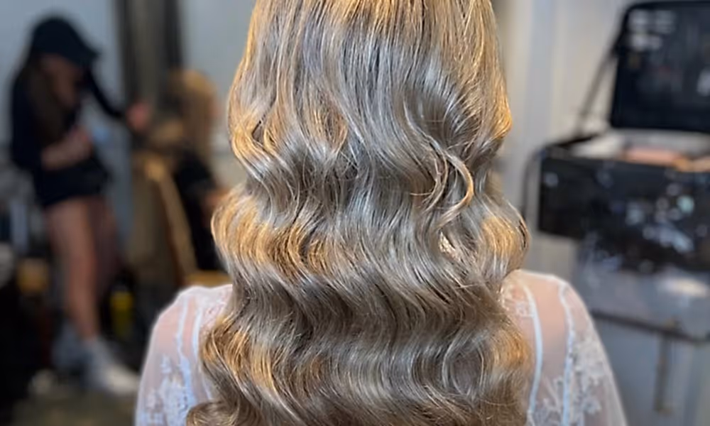 Wavy blonde hair. 