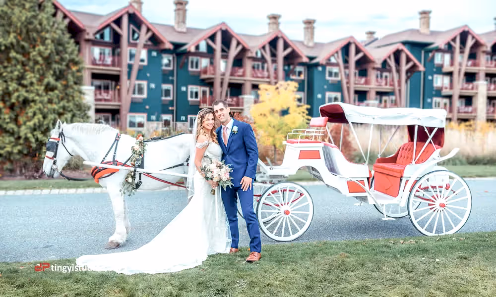 Bride and groom in front of horse drawn carriage at Crystal Springs Resort