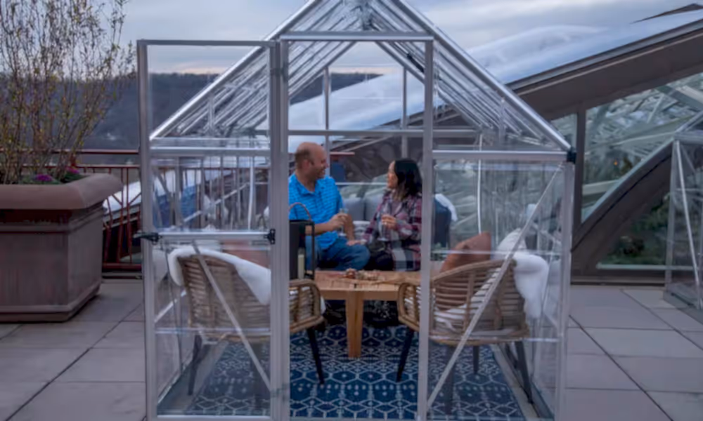 Couple sitting in Champagne Chalets
