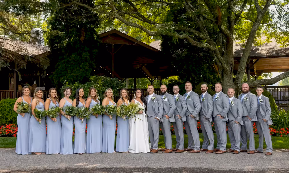 Wedding party in front of Sweetgrass Pavillion