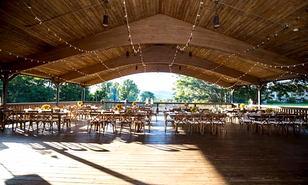 Inside view of Sweetgrass Pavillion with tables and chairs