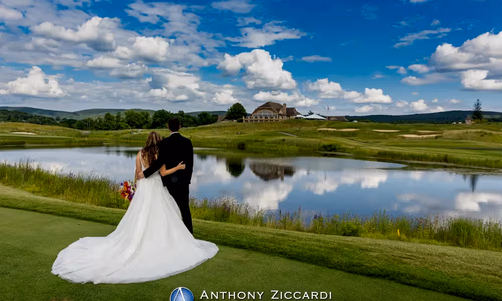 Wedding couple overlooking the golf course at Ballyowen