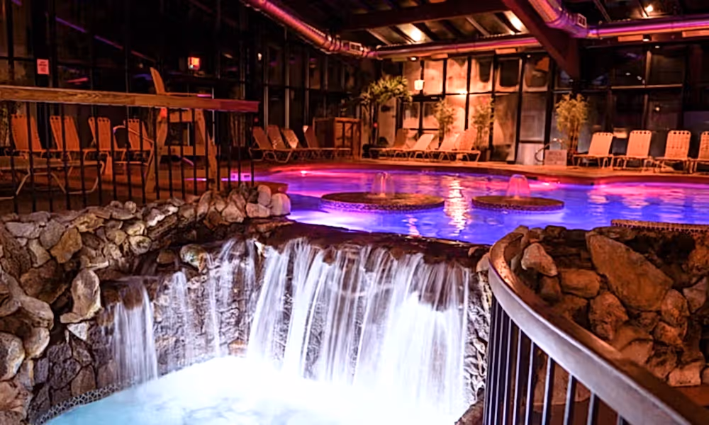 Indoor pool with waterfall at Minerals Sports Club at Crystal Springs Resort in NJ