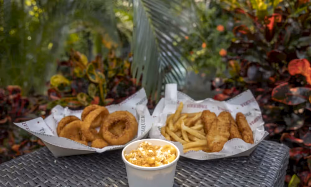 Onion rings, chicken tenders, fries and mac and cheese.