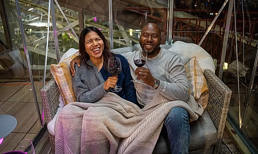 Couple with a blanket over their laps drinking red wine.