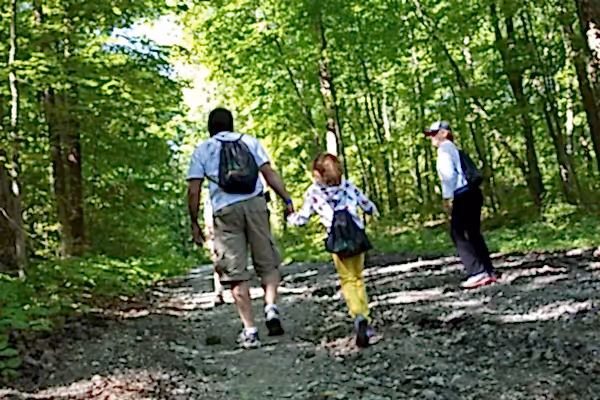 Group of people hiking up a mountain.