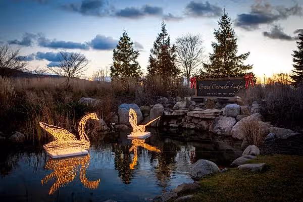 The pond in front of Grand Cascades in winter with holiday lights.